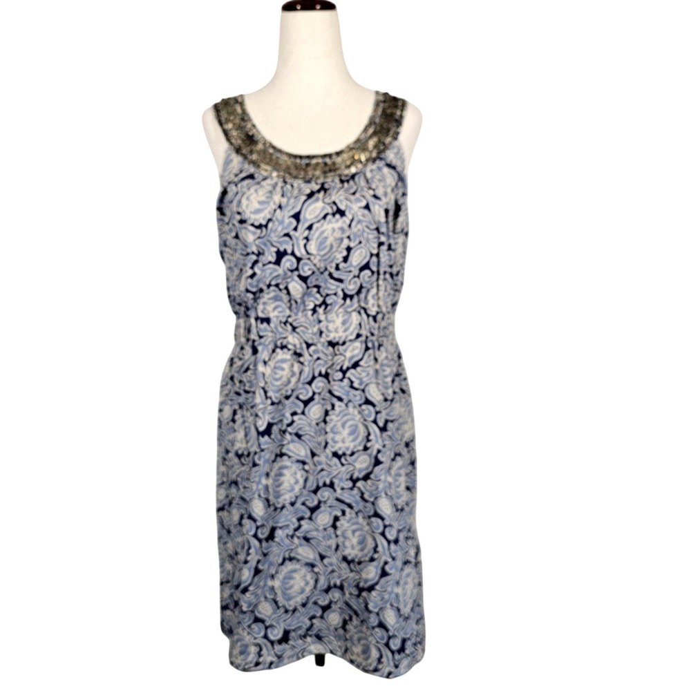 Ann Taylor Loft Dress Womens 2P Beaded Sequin Floral Sleeveless Petite Blu NWOT